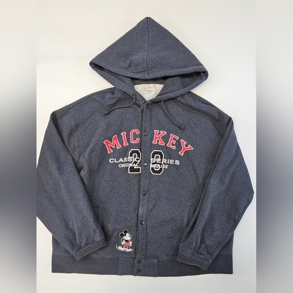 Disney Hoodie Mens X-LARGE Gray Fleece Mickey Series Snap Button Up Heavyweight